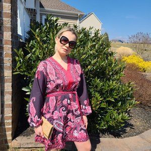 BOHO BLACK AND PINK FLORAL V NECK DRESS